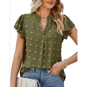 Olive green Business‎ Casual Blouses V Neck Ruffle Sleeve Shirt Size
